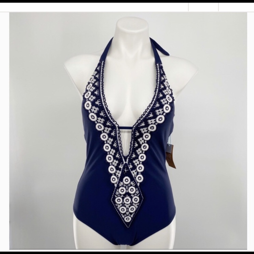Kona Crochet Plunge Deep One Piece Navy Swimsuit
